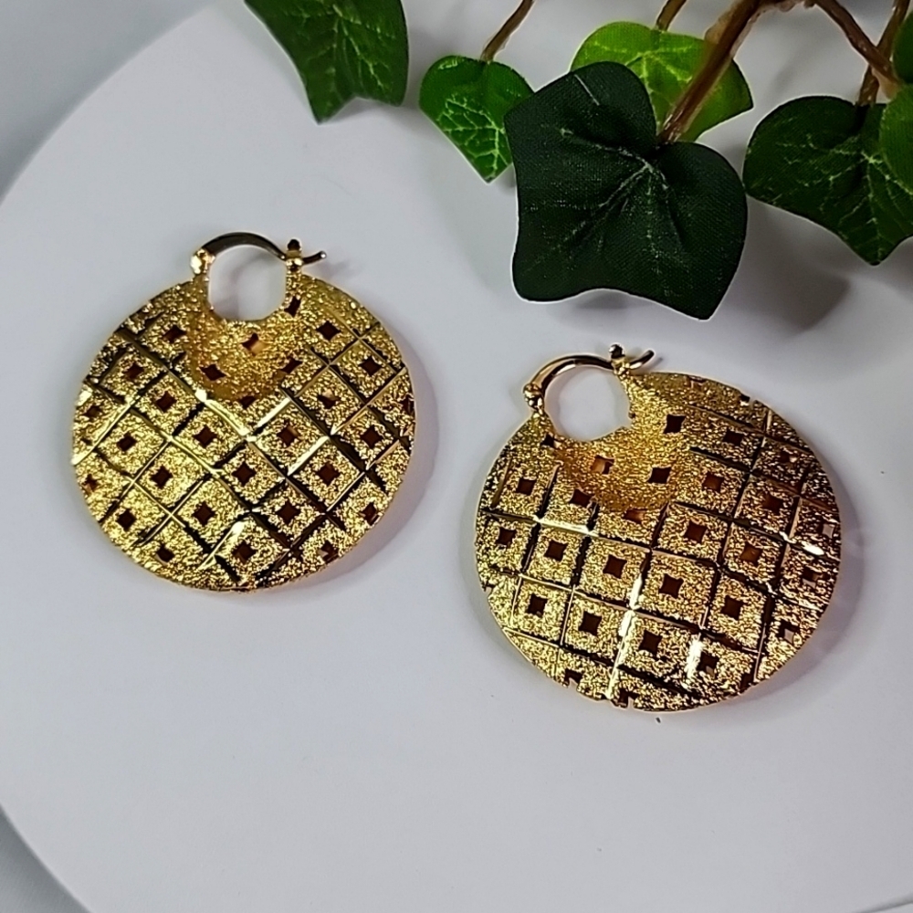 Chunky Gold Shimmer Puffy Disc Hoop Earrings